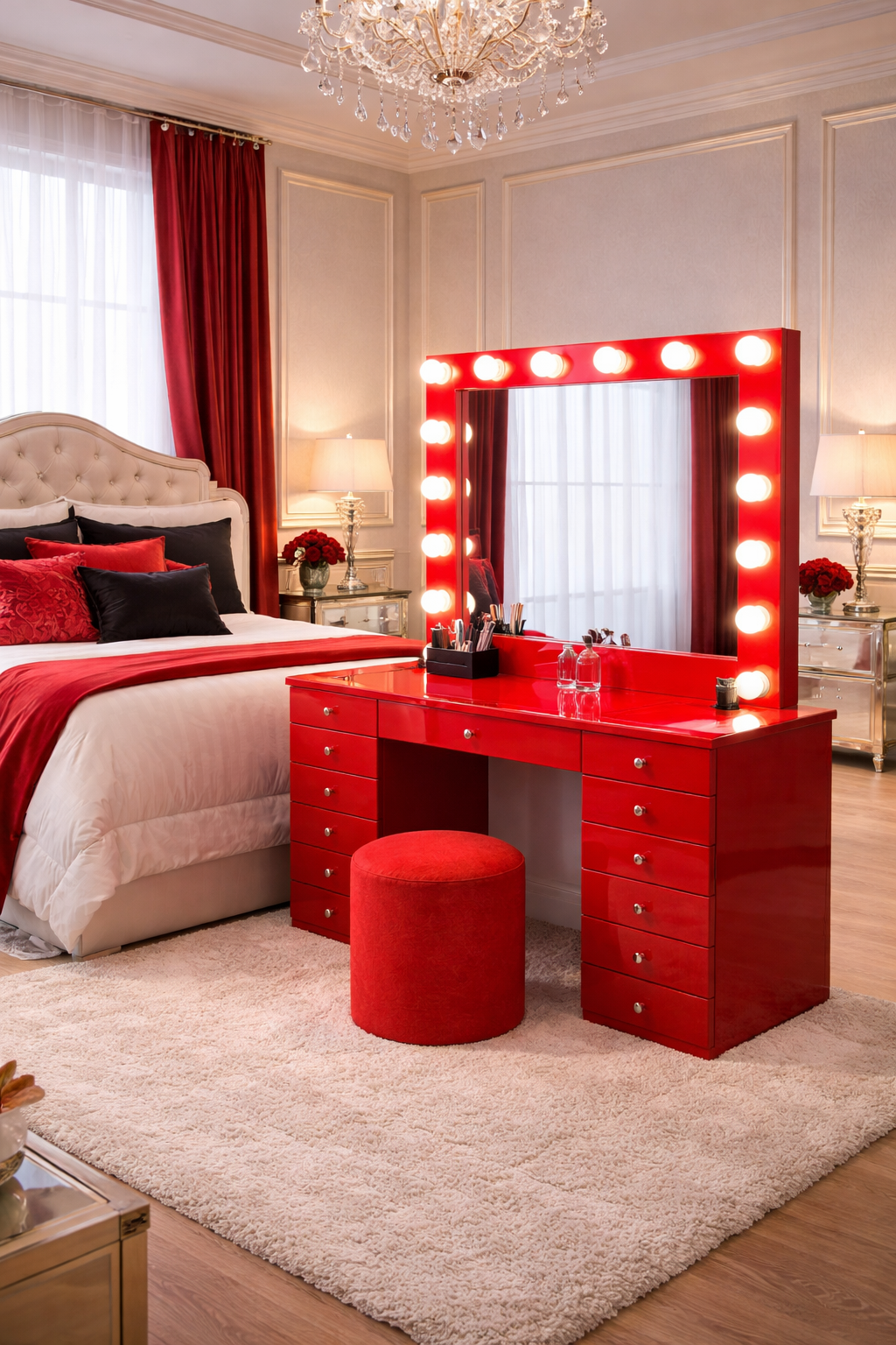 red dressing table Are Boldly Colored Makeup Tables In?